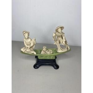 A.SANTINI FAUX Jade Italy RARE Mid Century 2Fishermen on Boat with Fish Vintage